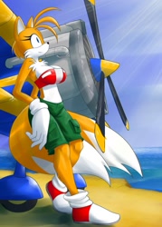 Size: 914x1280 | Tagged: safe, artist:kojiro-highwind, miles "tails" prower (sonic), canine, fox, mammal, red fox, anthro, sega, sonic the hedgehog (series), 2012, aircraft, airplane, blue eyes, bottomwear, breasts, cargo shorts, chest fluff, clothes, dipstick tail, female, fluff, mila "tails" prower, multiple tails, ocean, orange tail, rule 63, sexy, shoes, shorts, sneakers, solo, solo female, sunlight, tail, tail fluff, tailsko, topwear, traditional art, two tails, vehicle, vixen, water, white tail
