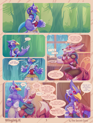 Size: 971x1280 | Tagged: safe, artist:the secret cave, bird, canine, fictional species, mammal, rito, vulpera, anthro, comic:winging it, blizzard entertainment, nintendo, the legend of zelda, world of warcraft, bottomwear, cape, chair, clothes, cofee, comic, dialogue, duo, eyes closed, forest, male, pants, scenery, table, talking
