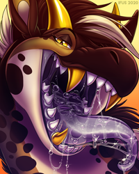 Size: 800x1000 | Tagged: suggestive, artist:ifus, dragon, fictional species, giraffe, hybrid, mammal, feral, bust, gold tooth, mawshot, open mouth, saliva, three-quarter view, tongue, tongue out