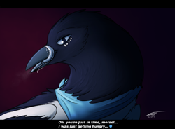 Size: 2000x1470 | Tagged: safe, artist:frostyfang, bird, corvid, magpie, songbird, feral, comic:morsel, beak, licking lips, male, monologue, saliva, solo, solo male, talking, tongue, tongue out