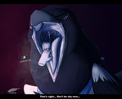 Size: 2126x1736 | Tagged: suggestive, artist:frostyfang, bird, corvid, magpie, songbird, feral, comic:morsel, beak, bust, disembodied hand, hand on tongue, male, mawshot, monologue, open mouth, saliva, solo, solo male, talking, tongue
