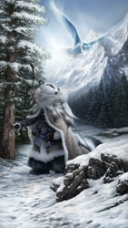 Size: 1200x2133 | Tagged: safe, artist:jocarra, bird, bird of prey, hawk, mammal, mustelid, skidi, anthro, endless realms, ambiguous gender, arrows, bow (weapon), cape, conifer tree, fur, mountain, orange eyes, outdoors, quiver, scenery, scenery porn, snow, tree, umbra, weapon, white body, white fur