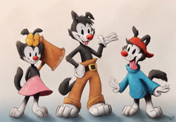 Size: 1450x1002 | Tagged: safe, artist:kunakebi, dot warner (animaniacs), wakko warner (animaniacs), yakko warner (animaniacs), animaniac (species), fictional species, anthro, animaniacs, warner brothers, 2020, black body, black eyes, black fur, bottomless, bottomwear, brother, brother and sister, brothers, cheek fluff, clothes, digital art, eyelashes, fangs, female, floppy ears, flower, flower on head, fluff, fur, group, hat, head fluff, male, nudity, open mouth, pants, partial nudity, paws, red nose, sharp teeth, siblings, signature, sister, skirt, standing, teeth, tongue, tongue out, topless, trio, whiskers, white body, white fur