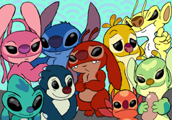 Size: 2362x1653 | Tagged: safe, artist:kajabuubuu, angel (lilo & stitch), belle (lilo & stitch), bonnie (lilo & stitch), fibber (lilo & stitch), leroy (lilo & stitch), reuben (lilo & stitch), sparky (lilo & stitch), spike (lilo & stitch), stitch (lilo & stitch), alien, experiment (lilo & stitch), fictional species, semi-anthro, disney, lilo & stitch, 2020, 3 toes, 5 fingers, antennae, arm marking, black eyes, blue body, blue fur, blue nose, body markings, brown nose, chest fluff, digital art, dipstick antennae, dipstick ears, ears down, eyelashes, female, fingers, fluff, food, forehead marking, fur, green body, green fur, group, head fluff, holding, holding food, looking at you, male, meat, multicolored antennae, multiple ears, orange body, orange fur, pink body, pink fur, purple nose, raised finger, raised index finger, raised inner eyebrows, red body, red fur, red nose, sad, sausage, simple background, smiling, white body, white fur, yellow body, yellow fur