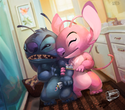 Size: 2647x2330 | Tagged: safe, artist:narico, angel (lilo & stitch), stitch (lilo & stitch), alien, experiment (lilo & stitch), fictional species, semi-anthro, disney, lilo & stitch, 2017, 4 fingers, antennae, bathroom, black claws, blue body, blue fur, chest fluff, chest marking, claws, cute, digital art, dipstick antennae, duo, dutch angle, ears down, eyelashes, eyes closed, female, film grain, fluff, fur, glass, glass of water, grumpy, head fluff, high res, holding object, indoors, long antennae, male, open frown, open mouth, pink body, pink fur, purple nose, simple background, sink, smiling, spill, standing, toothbrush, toothpaste