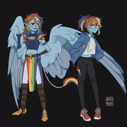 Size: 2048x2048 | Tagged: safe, artist:bats_acbi, rainbow dash (mlp), animal humanoid, equine, fictional species, human, mammal, pegasus, pony, humanoid, friendship is magic, hasbro, my little pony, 2020, armor, black background, boots, bottomwear, clothes, eared humanoid, feathered wings, feathers, female, fingerless gloves, gloves, high res, hoodie, humanoidized, long gloves, pants, pointy ears, purple eyes, shoes, simple background, smiling, sneakers, solo, solo female, spread wings, topwear, winged humanoid, wings