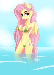 Size: 1280x1792 | Tagged: suggestive, artist:navokin, fluttershy (mlp), equine, fictional species, mammal, pegasus, pony, anthro, friendship is magic, hasbro, my little pony, anthrofied, bikini, clothes, female, fur, hair, long hair, nipple outline, partially submerged, pink hair, solo, solo female, swimsuit, water, yellow body, yellow fur