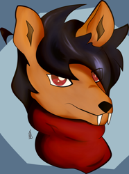 Size: 1080x1451 | Tagged: safe, artist:almaustral, oc, oc only, cervid, deer, mammal, anthro, 2018, bust, clothes, fangs, scarf, sharp teeth, signature, solo, teeth, water deer