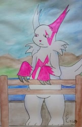 Size: 3086x4749 | Tagged: safe, artist:almaustral, fictional species, mammal, zangoose, semi-anthro, nintendo, pokémon, ambiguous gender, bipedal, claws, fence, outdoors, solo, solo ambiguous, traditional art