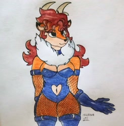 Size: 3130x3190 | Tagged: safe, alternate version, artist:almaustral, oc, oc only, cervid, deer, mammal, reindeer, anthro, clothes, colored, female, fishnet clothing, high res, signature, solo, solo female, traditional art