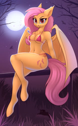 Size: 1176x1892 | Tagged: suggestive, alternate version, artist:anti1mozg, flutterbat (mlp), fluttershy (mlp), bat, bat pony, equine, fictional species, mammal, pegasus, pony, anthro, unguligrade anthro, friendship is magic, hasbro, my little pony, anthrofied, bat wings, bikini, breasts, cleavage fluff, clothes, fangs, female, fur, hair, hooves, looking at you, moon, night, pink hair, pink tail, race swap, red eyes, sharp teeth, sitting, slit pupils, solo, solo female, species swap, string bikini, swimsuit, tail, teeth, webbed wings, wings, yellow body, yellow fur