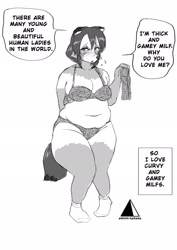 Size: 1448x2048 | Tagged: suggestive, artist:naranahiromi, oc, oc only, oc:minami, canine, mammal, raccoon dog, anthro, belly button, blushing, bra, breasts, clothes, female, panties, slightly chubby, solo, solo female, underwear