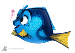Size: 900x639 | Tagged: safe, artist:cryptid-creations, dory (finding nemo), blue tang, fish, jellyfish, feral, disney, finding nemo, pixar, ambiguous gender, duo, female, female focus, happy, smiling, solo focus