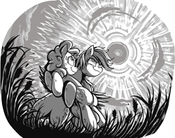 Size: 1336x1056 | Tagged: safe, artist:jowybean, pinkie pie (mlp), rainbow dash (mlp), earth pony, equine, fictional species, mammal, pegasus, pony, feral, friendship is magic, hasbro, my little pony, bipedal, bottom view, bridal carry, carrying, duo, duo female, fanfic art, female, female/female, grass, grayscale, holding, holding a pony, looking up, mare, monochrome, pinkiedash (mlp), shipping, smiling, smirk, sonic rainboom
