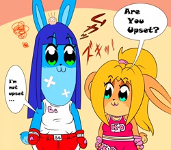 Size: 1280x1124 | Tagged: safe, artist:dandabar, pipimi (pop team epic), popuko (pop team epic), oc, oc:betty hare, oc:summer bunny, lagomorph, mammal, rabbit, anthro, pop team epic, blatant lies, boxing gloves, cartoony, clothes, cosplay, duo, duo female, female, gloves, injured, japanese text, speech bubble, translation request