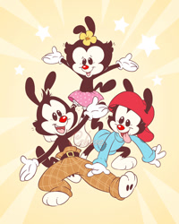 Size: 720x900 | Tagged: safe, artist:celesse, dot warner (animaniacs), wakko warner (animaniacs), yakko warner (animaniacs), animaniac (species), fictional species, mammal, anthro, plantigrade anthro, animaniacs, warner brothers, 2020, bloomers, bottomwear, brother, brother and sister, brothers, clothes, female, flower, gloves, group, male, open mouth, open smile, plant, siblings, sister, skirt, smiling, tongue, tongue out, trio