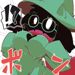 Size: 600x600 | Tagged: safe, artist:crepix, ralsei (deltarune), bovid, goat, mammal, anthro, deltarune, big breasts, black body, black fur, blushing, bouncing breasts, breasts, clothes, female, fur, glasses, hat, implied transformation, implied transgender transformation, japanese, looking at you, round glasses, rule 63, scarf, simple background, solo, solo female, sweat, tight clothing, white background