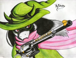 Size: 1280x980 | Tagged: safe, artist:nordicfuchs, ralsei (deltarune), bovid, goat, mammal, anthro, deltarune, black body, black fur, clothes, colt single action army, custom, custom design, fur, gun, hat, looking at you, male, red eyes, revolver, scarf, simple background, solo, solo male, traditional art, weapon, white background