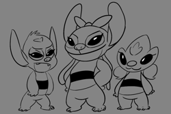 Size: 1187x794 | Tagged: safe, artist:kajabuubuu, angel (lilo & stitch), belle (lilo & stitch), blossom (the ppgs), bonnie (lilo & stitch), bubbles (the ppgs), buttercup (the ppgs), alien, experiment (lilo & stitch), fictional species, semi-anthro, cartoon network, disney, lilo & stitch, the powerpuff girls, 2020, antennae, bottomless, bow, cosplay, crossover, cute, cute little fangs, digital art, eyelashes, fangs, female, fluff, forehead marking, frowning, fur, gray background, grayscale, group, hair bow, hand on hip, head fluff, looking at you, monochrome, nudity, partial nudity, simple background, sketch, smiling, standing, teeth, trio, trio female