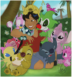 Size: 550x586 | Tagged: safe, artist:diana barron, amnesio (lilo & stitch), angel (lilo & stitch), babyfier (lilo & stitch), clip (lilo & stitch), elastico (lilo & stitch), hunkahunka (lilo & stitch), lilo pelekai (lilo & stitch), mr. stenchy (lilo & stitch), nosy (lilo & stitch), reuben (lilo & stitch), sparky (lilo & stitch), stitch (lilo & stitch), alien, bird, experiment (lilo & stitch), fictional species, human, mammal, semi-anthro, disney, lilo & stitch, 2014, 3 fingers, 3 toes, 4 fingers, ambiguous gender, antennae, bangs, beak, black eyes, black hair, blue body, blue eyes, blue fur, blue nose, book, border, brown eyes, clothes, collar, diary, dipstick antennae, eating, electricity, eyelashes, eyes closed, feathered wings, feathers, female, flower, fluff, food, forehead marking, forked antennae, frowning, fur, green body, hair, happy, head fluff, hug, hugging from behind, kneeling, looking at you, male, older, one eye closed, outdoors, pacifier, palm tree, pink beak, pink body, pink eyes, pink feathers, pink fur, purple nose, pushing, sandwich, short tail, signature, simple background, size difference, smiling, tail, teal body, tree, white border, wings, yellow body, yellow fur