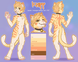 Size: 994x800 | Tagged: safe, artist:jungabeast, oc, oc only, oc:knipp, cat, feline, mammal, tabby cat, anthro, digitigrade anthro, 2019, arm fluff, bell, blep, brown eyes, character name, cheek fluff, chest fluff, collar, color palette, digital art, ear fluff, fangs, featureless crotch, fluff, front view, fur, gradient background, hair, looking at you, male, orange body, orange fur, paw pads, paws, pubic fluff, raised hand, rear view, reference sheet, sharp teeth, shoulder fluff, slit pupils, solo, solo male, standing, striped fur, tail, tan hair, teeth, tongue, tongue out, watermark, whiskers, yellow body, yellow fur