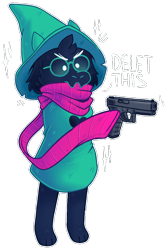 Size: 630x945 | Tagged: safe, artist:flipyart, ralsei (deltarune), bovid, goat, mammal, anthro, deltarune, aiming, angry, clothes, delet this, english text, glasses, glock, gun, handgun, hat, male, meme, outline, pistol, reaction image, round glasses, scarf, simple background, solo, solo male, sticker, text, transparent background, weapon, white outline