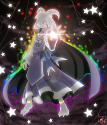 Size: 1034x1200 | Tagged: safe, artist:kivwolf, asriel dreemurr (undertale), bovid, goat, mammal, anthro, undertale, body markings, cape, clothes, fur, looking at you, magic, magic aura, male, solo, solo male, stars, white body, white fur, yellow eyes