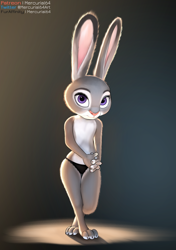 Size: 1300x1850 | Tagged: safe, artist:mercurial64, judy hopps (zootopia), lagomorph, mammal, rabbit, anthro, digitigrade anthro, disney, zootopia, bipedal, clasped hands, claws, clothes, crossed legs, ears up, female, flat chest, fur, gray body, gray fur, looking at you, nudity, panties, partial nudity, purple eyes, signature, smiling, solo, solo female, standing, topless, two toned body, underwear