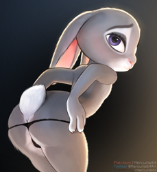 Size: 1300x1420 | Tagged: suggestive, artist:mercurial64, judy hopps (zootopia), lagomorph, mammal, rabbit, anthro, disney, zootopia, abstract background, bipedal, blushing, butt, cameltoe, claws, clothes, dark background, ears down, female, flat chest, fur, gradient background, gray body, gray fur, leaning forward, looking at you, looking back, looking back at you, nudity, panties, partial nudity, presenting, purple eyes, raised eyebrows, rear view, short tail, signature, solo, solo female, tail, topless, underwear, undressing