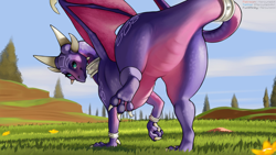 Size: 2640x1485 | Tagged: safe, artist:mercurial64, cynder the dragon (spyro), dragon, fictional species, western dragon, feral, spyro the dragon (series), the legend of spyro, 16:9, blushing, bracelet, claws, cloud, dragoness, featureless crotch, feet, female, flower, grass, head marking, horns, jewelry, looking at you, looking back, looking back at you, outdoors, pink body, presenting, purple body, raised leg, reptile feet, reptile soles, rock, signature, sky, slit pupils, smiling, soles, solo, solo female, spread wings, standing, tail, tail aside, tail band, teal eyes, tree, underfoot, wallpaper, webbed wings, wings