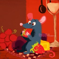 Size: 800x800 | Tagged: safe, artist:claualphapainter-95, remy (ratatouille), mammal, rat, rodent, semi-anthro, disney, pixar, ratatouille, 2d, berry, cheese, cute, food, fruit, hairless tail, holding, holding food, kitchen, male, murine, omnivore, solo, solo male, strawberry, tail