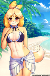 Size: 2067x3098 | Tagged: safe, alternate version, artist:twistedscarlett60, isabelle (animal crossing), canine, dog, mammal, shih tzu, anthro, animal crossing, nintendo, 2019, beach, belly button, bikini, black nose, blonde hair, blushing, breasts, chest fluff, clothes, detailed background, digital art, ears, eyelashes, female, fluff, fur, hair, hand on chest, high res, looking at you, ocean, outdoors, sarong, shoulder fluff, smiling, smiling at you, solo, solo female, standing, swimsuit, tail, tail wag, thighs, water, wide hips