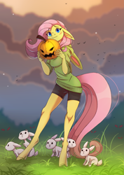 Size: 1897x2676 | Tagged: safe, artist:1an1, artist:lambi-belle, fluttershy (mlp), equine, fictional species, lagomorph, mammal, pegasus, pony, rabbit, anthro, unguligrade anthro, friendship is magic, hasbro, my little pony, 2020, ambient bird, ambient wildlife, anthrofied, blushing, bottomwear, bunny ears, clothes, cloud, cute, female, floppy ears, food, grass, hair, halloween, high res, holiday, hoodie, hooves, jack-o-lantern, looking at you, mane, pink hair, pink mane, pink tail, pumpkin, shorts, sweater, tail, topwear, vegetables, wavy mouth, yellow body