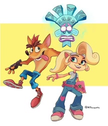 Size: 881x1024 | Tagged: safe, artist:nitroneato, coco bandicoot (crash bandicoot), crash bandicoot (crash bandicoot), lani-loli (crash bandicoot), bandicoot, mammal, marsupial, anthro, crash bandicoot (series), brother, brother and sister, female, group, laptop, male, mask, siblings, sister, trio