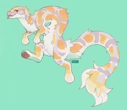 Size: 1280x1106 | Tagged: safe, artist:summerserval, feline, hybrid, mammal, python, reptile, serval, snake, feral, abomination, ambiguous gender, elbow fluff, fangs, fluff, forked tongue, fur, green background, not salmon, orange eyes, paw pads, paws, sharp teeth, signature, simple background, solo, solo ambiguous, spotted fur, tail, tail fluff, teal background, teeth, tongue, tongue out, underpaw, wat
