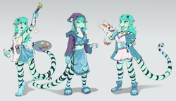 Size: 1300x746 | Tagged: safe, artist:sixthleafclover, lizard, reptile, anthro, abstract background, barefoot, bipedal, bottomwear, breasts, claws, cleavage, clothes, coffee mug, colored sclera, cyan body, cyan fur, cyan hair, drink, female, fur, gray background, hair, horns, lidded eyes, nightcap, nightgown, paint, paintbrush, painting, palette, pendant, pet, sandals, shoes, simple background, skirt, solo, solo female, striped body, striped fur, striped tail, stripes, tail, tired, tongue, tongue out, yellow eyes, yellow sclera