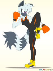 Size: 1616x2169 | Tagged: safe, artist:volksgtifox, tangle the lemur (sonic), lemur, mammal, primate, anthro, idw sonic the hedgehog, sega, sonic the hedgehog (series), 2019, boxing gloves, clothes, female, gloves, kickboxing, magenta eyes, martial arts, savate, solo, solo female