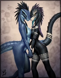 Size: 1818x2304 | Tagged: suggestive, artist:waga, lizard, reptile, anthro, breasts, duo, duo female, female, females only, holding, holding hands, open mouth, scales, standing, symmetrical docking, tail, tongue, tongue out