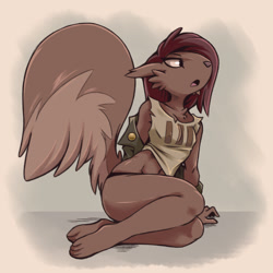 Size: 1200x1200 | Tagged: suggestive, artist:plague of gripes, fictional species, mammal, monster, rodent, squirrel, anthro, cc by-nc, creative commons, 2017, ambiguous gender, belly button, brown body, brown fur, brown hair, cheek fluff, clothes, feet, female, fluff, fur, gray background, hair, hands, illustration, jacket, nipple outline, nudity, open mouth, simple background, sitting, solo, solo ambiguous, solo female, tail, tail fluff, topwear, underwear, wide hips