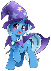 Size: 1000x1398 | Tagged: safe, artist:myufish, trixie (mlp), equine, fictional species, mammal, pony, unicorn, feral, friendship is magic, hasbro, my little pony, 2020, cape, clothes, commission, female, gem, happy, hat, horn, mare, open mouth, simple background, smiling, solo, solo female, tail, white background, wizard hat