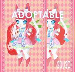 Size: 2278x2184 | Tagged: safe, artist:bismark, oc, eeveelution, fictional species, sylveon, anthro, nintendo, pokémon, abstract background, adoptable, ambiguous gender, anime, berry, clothes, cute, cyan eyes, dress, ear fluff, fluff, food, fruit, high res, lolita fashion, looking at something, no pupils, pastel, signature, simple background, solo, solo ambiguous, strawberry, tail, watermark