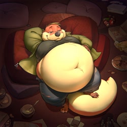 Size: 1400x1400 | Tagged: suggestive, artist:ab_otter, oc, oc only, oc:attius, mammal, mustelid, otter, anthro, plantigrade anthro, belly grab, big tail, bottomwear, clothes, fat, fat fetish, food, hyper, jeans, lidded eyes, lying down, male, morbidly obese, obese, on back, pants, ripped jeans, smiling, solo, solo male, tail, torn clothes