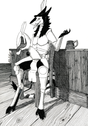 Size: 1462x2087 | Tagged: suggestive, artist:konstantin kholchev, fictional species, mammal, sergal, anthro, armor, beckoning, beer mug, black body, black fur, clothes, fur, hatching (tecnique), helmet, loincloth, looking at you, male, monochrome, scar, smiling, solo, solo male, tongue, tongue out