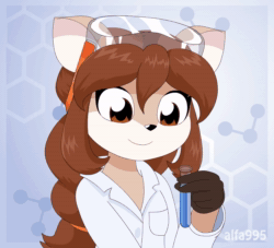 Size: 1188x1080 | Tagged: safe, artist:alfa995, oc, oc only, oc:doe (alfa995), cervid, deer, mammal, anthro, 2d, 2d animation, animated, brown eyes, clothes, doe, female, frame by frame, gesture, gloves, goggles, heart, lab coat, looking at you, no sound, one eye closed, peace sign, raspberry, smiling, solo, solo female, test tube, tongue, tongue out, v sign, webm, winking