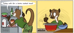 Size: 2048x926 | Tagged: safe, artist:strawbear_arts, artist:toontailscomics, collaboration, mammal, mustelid, otter, anthro, alcohol, bowl, brown body, brown fur, clothes, comic, cooking, cream body, cream fur, drink, egg, eggs, fridge, fur, male, milk, shirt, solo, solo male, speech bubble, stove, tail, tomato, topwear, whiskers, wine, wine bottle, wooden spoon