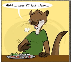 Size: 1541x1378 | Tagged: safe, artist:strawbear_arts, artist:toontailscomics, collaboration, fish, mammal, mustelid, otter, anthro, belly, bones, brown body, brown fur, clothes, comic, cream body, cream fur, fish bones, fur, male, salad, shirt, solo, solo male, speech bubble, tail, tomato, topwear, whiskers