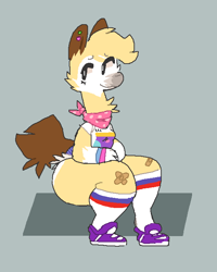 Size: 540x675 | Tagged: safe, artist:oriole, oc, oc only, oc:vic (oriole), llama, mammal, anthro, 2018, bandanna, brown tail, clothes, digital art, female, fur, hair, looking sideways, rule 63, shoes, sitting, sneakers, socks, solo, solo female, tail, white body, white fur, yellow body, yellow fur, yellow hair