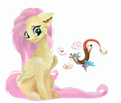 Size: 1280x1088 | Tagged: safe, artist:colorochka, discord (mlp), fluttershy (mlp), draconequus, equine, fictional species, mammal, pegasus, pony, feral, friendship is magic, hasbro, my little pony, 2020, duo, feathered wings, feathers, female, folded wings, male, simple background, smiling, tail, white background, wings