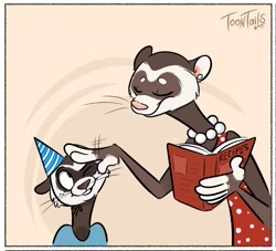 Size: 1756x1593 | Tagged: safe, artist:strawbear_arts, artist:toontailscomics, collaboration, ferret, mammal, mustelid, anthro, book, brown body, brown fur, clothes, comic, dress, female, fur, jewelry, male, mother, necklace, party hat, shirt, son, topwear, whiskers, white body, white fur