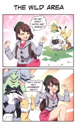 Size: 2501x4096 | Tagged: safe, artist:merryweatherey, gloria (pokémon), fictional species, human, hypno, mammal, obstagoon, pikachu, steelix, tyranitar, wooloo, yamper, anthro, feral, humanoid, nintendo, pokémon, ambiguous gender, backpack, bottomwear, chasing, clothes, dialogue, eldegoss, english, eyes closed, female, funny, grass, heart, open mouth, open smile, outdoors, pokémon trainer, running, scared, shirt, skirt, smiling, sweat, talking, topwear